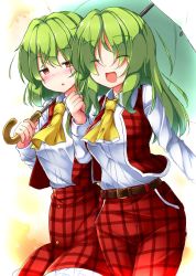 Rule 34 | 2girls, aka tawashi, ascot, belt, blush, breasts, brown belt, clenched hand, closed eyes, commentary request, cowboy shot, dual persona, green hair, hand up, highres, holding, holding umbrella, kazami yuuka, kazami yuuka (pc-98), long hair, long sleeves, looking at another, medium breasts, multiple girls, open mouth, pants, parted lips, petticoat, plaid, plaid pants, plaid skirt, plaid vest, red eyes, red pants, red skirt, red vest, shirt, short hair, skirt, smile, standing, sweatdrop, touhou, touhou (pc-98), umbrella, vest, white background, white shirt, yellow ascot