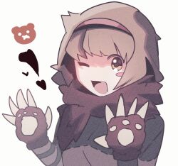 Rule 34 | 1girl, animal hands, brown hair, brown scarf, claws, e.g.o (project moon), hairband, happy teddy bear, highres, library of ruina, looking at viewer, madotsuki ren, malkuth (project moon), open mouth, project moon, red hairband, scarf, short hair, simple background, smile, solo, upper body, white background