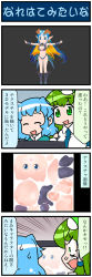 Rule 34 | 4koma, artist self-insert, blonde hair, blue eyes, blue hair, boots, breasts, cleavage, comic, commentary request, crop top, detached sleeves, closed eyes, facial mark, forehead mark, frog hair ornament, green eyes, green hair, hair ornament, highres, horns, juliet sleeves, kochiya sanae, large breasts, long hair, long sleeves, mizuki hitoshi, monitor, multicolored hair, navel, open mouth, outstretched arms, pointy ears, puffy sleeves, smile, spread arms, surprised, sweatdrop, tatara kogasa, thong, touhou, translation request, vest, wide-eyed, wrist cuffs