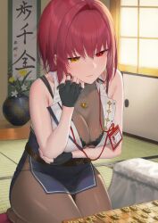 Rule 34 | 1girl, absurdres, belt, black gloves, board game, bodystocking, bra, bra peek, breasts, closed mouth, fingerless gloves, flower, gloves, heart, heart necklace, heterochromia, highres, hololive, houshou marine, houshou marine (businesswoman), id card, indoors, jewelry, lanyard, large breasts, looking at object, looking down, necklace, official alternate costume, pantyhose, pelvic curtain, red eyes, red hair, rose, rushian, scroll, shogi, short hair, solo, thinking, translation request, underwear, vase, virtual youtuber, window, yellow eyes, yellow flower, yellow rose