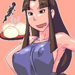 Rule 34 | 00s, 1girl, apron, breasts, brown hair, covered erect nipples, food, large breasts, long hair, lowres, matagitii, naked apron, red lips, lin (sen to chihiro no kamikakushi), sen to chihiro no kamikakushi, sideboob, solo, studio ghibli