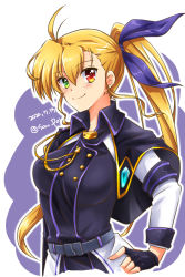 Rule 34 | 1girl, ahoge, aiguillette, armband, black capelet, black gloves, black jacket, blonde hair, blue ribbon, capelet, closed mouth, commentary, cropped torso, dated, fingerless gloves, gloves, green eyes, hair ribbon, hand on own hip, heterochromia, highres, jacket, long hair, looking at viewer, lyrical nanoha, mahou shoujo lyrical nanoha vivid, red eyes, ribbon, san-pon, side ponytail, smile, solo, standing, twitter username, upper body, vivio