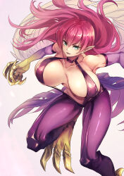 Rule 34 | 1girl, animal feet, animal hands, bare shoulders, bouncing breasts, breasts, claws, cleavage, colored skin, duel monster, feathered wings, gradient skin, green eyes, harpie lady, harpie lady 1, harpy, highres, large breasts, monster girl, pantyhose, parted lips, purple skin, red hair, revealing clothes, shouma (bravespiritya), slingshot swimsuit, solo, standing, standing on one leg, swimsuit, unaligned breasts, winged arms, wings, yu-gi-oh!