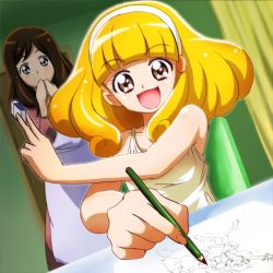 Rule 34 | 10s, 2girls, blonde hair, brown eyes, brown hair, diskmonkey, drawing, hairband, kise chiharu, kise yayoi, long hair, miracle peace, mother and daughter, multiple girls, open mouth, pencil, precure, short hair, smile precure!, white hairband