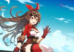 Rule 34 | 1girl, :d, amber (genshin impact), animal, bird, blue sky, breasts, brown hair, brown shorts, cleavage, cloud, commentary request, cropped jacket, day, feet out of frame, genshin impact, gloves, goggles, goggles on head, hair between eyes, hair ribbon, hand up, highres, jacket, kooan, long hair, long sleeves, medium breasts, open clothes, open jacket, open mouth, outdoors, red eyes, red gloves, red jacket, red ribbon, red thighhighs, ribbon, short shorts, shorts, sitting, sky, smile, solo, thighhighs, very long hair