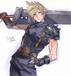 Rule 34 | 1boy, aqua eyes, armor, asymmetrical hair, bandaged arm, bandages, belt, blonde hair, blue pants, blue shirt, buster sword, character name, cloud strife, earrings, final fantasy, final fantasy vii, fingerless gloves, gloves, hand on own hip, highres, jewelry, mikuroron, muscular, muscular male, over shoulder, pants, parted lips, shirt, short hair, shoulder armor, single earring, sleeveless, sleeveless turtleneck, solo, spiked hair, square enix, suspenders, turtleneck, upper body, weapon, weapon over shoulder, white background