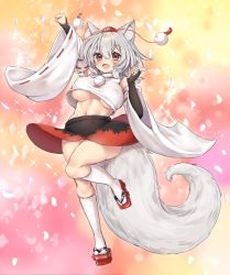 Rule 34 | 1girl, :d, animal ears, arm up, bare shoulders, black skirt, breasts, flip-flops, inubashiri momiji, kneehighs, large breasts, looking at viewer, multicolored background, navel, onomiya, open mouth, red eyes, sandals, shirt, short hair, skirt, smile, socks, solo, touhou, white hair, white shirt, white sleeves, white socks, wolf ears, wolf girl