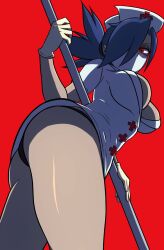 Rule 34 | 1girl, ass, blue hair, breasts, from below, gloves, hair over one eye, hat, highres, holding, kyouhei hei, large breasts, latex, latex gloves, looking at viewer, looking down, mask, mouth mask, nurse cap, panties, ponytail, red eyes, skullgirls, solo, surgical mask, underwear, valentine (skullgirls)