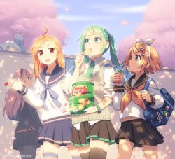 Rule 34 | 4girls, bag, bangle, black pantyhose, black thighhighs, blonde hair, blue eyes, bracelet, candy, cat, cherry blossoms, chips (food), dav-19, eating, food, green eyes, green hair, hair ornament, hairband, hairclip, hanami, hatsune miku, jewelry, juice box, kagamine rin, lapel pin, lollipop, long hair, megurine luka, multiple girls, necktie, pantyhose, petals, pin, pink hair, pleated skirt, potato chips, red eyes, scarf, school uniform, scrunchie, serafuku, sf-a2 miki, short hair, skirt, sleeves rolled up, spring onion, striped clothes, striped legwear, striped thighhighs, sweater vest, thighhighs, twintails, vocaloid