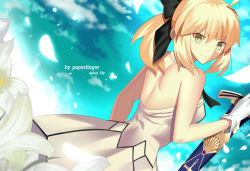 Rule 34 | 1girl, ahoge, artoria pendragon (fate), bare shoulders, blonde hair, caliburn (fate), dress, fate/grand order, fate/unlimited codes, fate (series), from behind, gloves, green eyes, highres, paperfinger, ponytail, saber (fate), saber lily, solo, sword, weapon