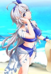 Rule 34 | 1girl, absurdres, beach, bikini, blue bikini, blue hairband, blush, breasts, day, grey eyes, grey hair, hair between eyes, hairband, hat, highres, kantai collection, large breasts, long hair, looking at viewer, ocean, official alternate costume, pp, shawl, solo, sun hat, swimsuit, washington (kancolle), water