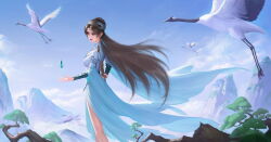 Rule 34 | 1girl, absurdres, arm behind back, bare legs, blue eyes, blue sky, brown hair, canyue yingguang, closed mouth, cloud, doupo cangqiong, earrings, from side, gem, hair bun, hair ornament, highres, holding, holding sword, holding weapon, incredibly absurdres, jewelry, long hair, long sleeves, mountain, sky, solo, sword, tassel, tassel earrings, weapon, yun yun (doupo cangqiong)