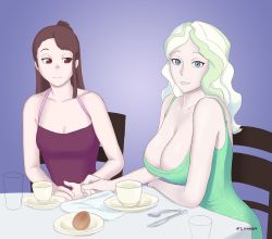 Rule 34 | 10s, 2girls, artist name, blue eyes, breasts, brown hair, cleavage, diana cavendish, female focus, green hair, kagari atsuko, knife, large breasts, little witch academia, long hair, looking at breasts, looking at viewer, medium breasts, multicolored hair, multiple girls, red eyes, sitting, smile, spoon, thotticus-slayer, two-tone hair, white hair, yuri