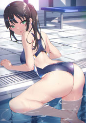 Rule 34 | 1girl, :d, absurdres, ass, ass focus, back cutout, bare arms, bare legs, bare shoulders, barefoot, bench, black hair, blue one-piece swimsuit, blush, clothing cutout, competition swimsuit, day, from behind, green eyes, highres, kurosawa dia, long hair, looking at viewer, looking back, love live!, love live! sunshine!!, one-piece swimsuit, open mouth, outdoors, partially submerged, ponytail, pool, poolside, smile, solo, swimsuit, thighs, tile floor, tiles, water, wedgie, yamaori (yamaorimon)