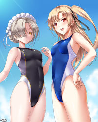 Rule 34 | 2girls, artist name, azur lane, black one-piece swimsuit, blonde hair, blue sky, blue one-piece swimsuit, blush, braid, breasts, cape, cleveland (azur lane), cloud, cloudy sky, commentary request, competition swimsuit, covered navel, cowboy shot, dated, day, female focus, french braid, from below, hair between eyes, hair over one eye, highleg, highleg swimsuit, highres, long hair, long sleeves, looking at viewer, looking down, maid headdress, multiple girls, one-piece swimsuit, one side up, open mouth, outdoors, platinum blonde hair, red eyes, sheffield (azur lane), sky, small breasts, standing, swimsuit, swimsuit under clothes, tsuchimiya