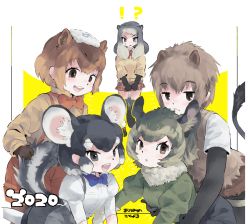 Rule 34 | !?, 2020, :d, alpine marmot (kemono friends), animal ear fluff, animal ears, arm around waist, black eyes, black hair, bow, bowtie, brown eyes, brown hair, capybara (kemono friends), chinchilla (kemono friends), chinese zodiac, closed mouth, degu (kemono friends), elbow gloves, expressionless, extra ears, fur collar, gloves, grabbing, green hair, grey hair, height difference, hug, hug from behind, inu (user arjr4358), japari symbol, jitome, kemono friends, leaning forward, pantyhose under shorts, long hair, long sleeves, looking at another, looking at viewer, medium hair, mouse ears, mouse girl, mouse tail, multicolored hair, nutria (kemono friends), open mouth, pantyhose, plaid, plaid skirt, shirt, short sleeves, shorts, sidelocks, skirt, smile, standing, suspender shorts, suspenders, sweater, tail, tail grab, towel, towel on head, two-tone hair, v-shaped eyebrows, v arms, vest, white hair, year of the rat