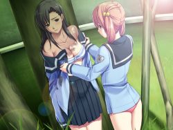 Rule 34 | 2girls, against tree, bra, breasts, cleavage, empty eyes, female focus, game cg, hair bobbles, hair ornament, london inu, mind control, multiple girls, open clothes, open shirt, panties, pleated skirt, school uniform, shirt, skirt, soushinjutsu 3, standing, striped bra, striped clothes, tree, twintails, underwear, undressing, yuri