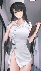 Rule 34 | 1girl, absurdres, black hair, blush, breasts, clipboard, commentary, cowboy shot, hair between eyes, hand up, highres, holding, holding clipboard, indoors, large breasts, long hair, looking at viewer, nurse, original, parted lips, po ppe, purple eyes, short sleeves, smile, solo, thighs, white headwear
