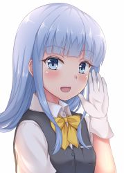 Rule 34 | 1girl, blue eyes, blue hair, blunt bangs, blush, bow, bowtie, breasts, dress, gloves, hand on own cheek, hand on own face, hand up, hatsukaze (kancolle), kantai collection, long hair, looking at viewer, open mouth, piyobomu, sidelocks, simple background, solo, vest, white background, white gloves, yellow bow, yellow bowtie