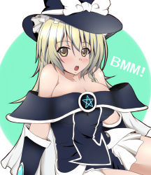 Rule 34 | 1girl, :o, adapted costume, bare shoulders, blonde hair, blush, breasts, character name, cosplay, dark magician girl, dark magician girl (cosplay), duel monster, female focus, gloves, hat, kirisame marisa, labaha, large breasts, long hair, looking at viewer, magi magi magician gal, open mouth, pentacle, pentagram, solo, touhou, white hat, witch hat, yellow eyes, yu-gi-oh!, yu-gi-oh! duel monsters