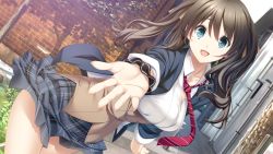 Rule 34 | 1girl, :o, aikawa arisa (kiss ato), blue eyes, breasts, brown hair, cowboy shot, diagonal-striped neckwear, dutch angle, female focus, game cg, hair ornament, hair scrunchie, happy, jacket, kiss ato, large breasts, legs, long hair, looking at viewer, mikoto akemi, necktie, open mouth, outdoors, outstretched arm, school uniform, scrunchie, shadow, skirt, smile, solo, standing, striped necktie, striped neckwear, thighs, tree, twintails, wall