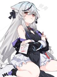 Rule 34 | 1girl, absurdres, animal ears, black dress, black hair, black jacket, blue archive, breasts, closed mouth, dress, grey hair, highres, holding, holding pencil, jacket, kokona (blue archive), long hair, looking at viewer, multicolored hair, pencil, pout, red eyes, shoes, simple background, sitting, small breasts, sneakers, solo, streaked hair, striped clothes, striped dress, striped jacket, thighs, vertical-striped clothes, vertical-striped dress, vertical-striped jacket, white background, white footwear, yagita (astronomie)