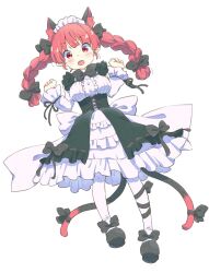 Rule 34 | 1girl, alternate costume, animal ear fluff, animal ears, back bow, black footwear, blush, bow, bowtie, cat ears, cat tail, clenched hands, corset, extra ears, fang, frills, kaenbyou rin, leg ribbon, looking at viewer, maid, mary janes, multiple tails, open mouth, pantyhose, pointy ears, red eyes, red hair, ribbon, shoes, simple background, solo, tail, tanasuke, touhou, twintails, two tails, white background, white pantyhose