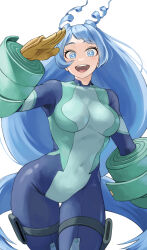 Rule 34 | 1girl, absurdres, blue bodysuit, blue eyes, blue hair, bodysuit, boku no hero academia, breasts, bright pupils, covered navel, drill hair, fengling (furin-jp), gloves, green bodysuit, hadou nejire, hair horns, hand up, highres, large breasts, light blue hair, long hair, looking at viewer, multicolored bodysuit, multicolored clothes, simple background, skin tight, solo, superhero costume, thigh gap, thigh strap, thighs, twin drills, very long hair, white background, white pupils, wide hips, yellow gloves