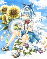 Rule 34 | 1girl, blue bow, blue eyes, blue hair, blue skirt, bow, cirno, cirno day, cloud, collared shirt, commentary, eating, flat chest, flower, food, footwear bow, hair bow, highres, hisako (6anmbblfnjueeff), ice, ice wings, innertube, leaf, miniskirt, neck ribbon, number print, one eye closed, plant, popsicle, red ribbon, ribbon, sandals, shirt, short hair, skirt, sky, solo, sunflower, suspender skirt, suspenders, swim ring, touhou, traditional media, vines, white shirt, wings