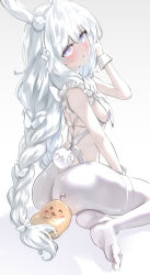 Rule 34 | + +, 1girl, animal ears, ass, azur lane, bare shoulders, blush, braid, breast curtains, breasts, butt crack, highres, le malin (azur lane), le malin (listless lapin) (azur lane), leotard, long hair, looking at viewer, low twin braids, manjuu (azur lane), official alternate costume, open mouth, pantyhose, rabbit ears, rabbit tail, silver hair, small breasts, symbol-shaped pupils, tail, twin braids, uenoryoma, very long hair, white leotard, white pantyhose