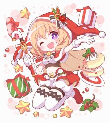 Rule 34 | 1girl, arm up, bell, blonde hair, bloomers, boots, bow, bright pupils, cake, candy, candy cane, capelet, christmas, crop top, floating, food, fruit, fur-trimmed capelet, fur trim, gift, gloves, gochuumon wa usagi desu ka?, highres, holding, holding staff, holly, hood, hood up, hooded capelet, hoto cocoa, legs up, looking at viewer, microskirt, midriff, neck bell, neru (neruneruru), one eye closed, open mouth, pancake, purple eyes, red capelet, red footwear, red skirt, shirt, short hair, skirt, smile, solo, staff, star ornament, strawberry, thighhighs, underwear, whipped cream, white bloomers, white bow, white gloves, white pupils, white shirt, white thighhighs