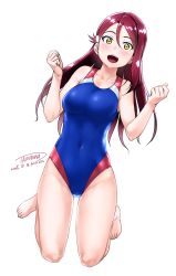 Rule 34 | 10s, 1girl, 2016, :d, artist name, barefoot, breasts, collarbone, competition swimsuit, covered navel, dated, full body, hair between eyes, hair ornament, hairclip, highleg, highleg swimsuit, highres, kneeling, long hair, love live!, love live! sunshine!!, medium breasts, one-piece swimsuit, open mouth, red hair, sakurauchi riko, simple background, smile, solo, swimsuit, tachibana roku, white background, yellow eyes