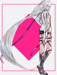 Rule 34 | 1girl, ahoge, black footwear, black shorts, breasts, closed mouth, clothing cutout, floating hair, from side, full body, high collar, highres, hikachil, laevateinn (phantom of the kill), leg up, long hair, medium breasts, phantom of the kill, red eyes, shorts, side cutout, sideboob, simple background, sleeves past wrists, solo