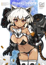 Rule 34 | 1girl, animal ears, bikini, black bikini, breasts, cover image, cyborg, english text, hair ornament, hairclip, highres, large breasts, leaning forward, looking at viewer, mechanical hands, megami device, nancou (nankou), navel, orange eyes, short hair, solo, swimsuit, tan, tanline, thighhighs, white hair, white thighhighs