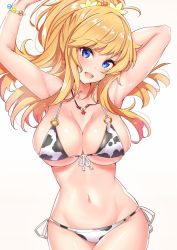 Rule 34 | 1girl, animal print, arm behind head, armpits, arms up, bare shoulders, bead bracelet, beads, bikini, blonde hair, blue eyes, blush, bracelet, breasts, cleavage, collarbone, cow print, flower, front-tie top, hair flower, hair ornament, highres, hip focus, idolmaster, idolmaster cinderella girls, jewelry, large breasts, long hair, looking at viewer, navel, necklace, o-ring, o-ring bikini, ohtsuki yui, open mouth, ponytail, sankakusui, shiny skin, simple background, skindentation, smile, solo, swept bangs, swimsuit, wavy hair, white background, white bikini
