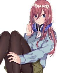 Rule 34 | 1girl, absurdres, blue cardigan, blue eyes, blush, brown hair, brown pantyhose, cardigan, closed mouth, commentary request, feet out of frame, go-toubun no hanayome, green skirt, hair between eyes, hand on headphones, hand up, headphones, headphones around neck, highres, knees up, long hair, long sleeves, looking at viewer, nakano miku, norazura, pantyhose, pleated skirt, simple background, skirt, sleeves past wrists, solo, white background