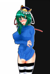 Rule 34 | 1girl, alternate breast size, alternate costume, arm under breasts, asymmetrical hair, black background, black outline, black thighhighs, blue eyes, blue hat, blue sweater, blush, breasts, commentary request, cowboy shot, frilled hat, frills, green hair, hat, highres, impossible clothes, impossible sweater, inagoya, large breasts, long hair, looking to the side, open mouth, outline, shiki eiki, simple background, solo, striped clothes, striped thighhighs, sweater, thighhighs, touhou, two-tone background, white background, white outline, white thighhighs