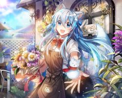 Rule 34 | 1girl, :d, animal ear fluff, animal ears, animal print, apron, bad id, bad pixiv id, bear print, black skirt, blue eyes, blue flower, blue hair, blush, bouquet, bow, brown apron, building, collared shirt, commentary request, day, door, dress shirt, flower, frilled skirt, frills, hair between eyes, highres, holding, holding bouquet, lens flare, long hair, looking at viewer, open mouth, original, outdoors, pink flower, red bow, ribbon-trimmed skirt, ribbon trim, rijjin, shirt, short sleeves, sign, skirt, smile, solo, sunflower, very long hair, wall lamp, white flower, white shirt, yellow flower