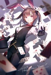 Rule 34 | 1girl, 2023, animal ears, artist name, black gloves, black hat, black pants, black vest, bow, bowtie, breasts, brown hair, card, clenched teeth, club (shape), collared shirt, commentary, diamond (shape), english text, fake animal ears, fake tail, feet out of frame, gloves, gomi chihiro, grin, hair ornament, hairclip, hat, heart, highres, holding, holding card, holding clothes, holding hat, looking at viewer, medium breasts, medium hair, mixed-language commentary, original, pants, rabbit ears, rabbit tail, red bow, red bowtie, red eyes, shirt, smile, solo, spade (shape), tail, teeth, top hat, twintails, unworn headwear, vest, white shirt