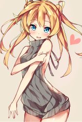 Rule 34 | 10s, 1girl, abukuma (kancolle), backless dress, backless outfit, bare shoulders, blonde hair, blue eyes, breasts, cowboy shot, double bun, dress, grey dress, hair rings, halterneck, heart, kantai collection, long hair, looking at viewer, meme attire, naked sweater, no bra, open mouth, ribbed sweater, small breasts, smile, solo, sweater, sweater dress, turtleneck, turtleneck sweater, twintails, unacchi (nyusankin), virgin killer sweater