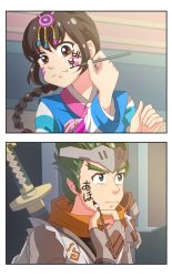 Rule 34 | &gt;:(, 1boy, 1girl, :t, aged down, braid, brown eyes, brown hair, brush, comic, commentary request, d.va (overwatch), drawing on another&#039;s face, drawing on own face, fingerless gloves, forehead protector, frown, genji (overwatch), gloves, green eyes, green hair, highres, kimi no na wa., overwatch, overwatch 1, parody, sword, sword behind back, v-shaped eyebrows, wb (dl4239dl), weapon, young genji
