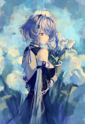 Rule 34 | 1girl, 7ife, absurdres, arknights, back cutout, black dress, blue background, blue theme, bouquet, breasts, brush stroke, closed mouth, clothing cutout, commentary, cowboy shot, detached sleeves, dress, english commentary, expressionless, eyepatch, flower, from side, hair ornament, hair over one eye, hands up, hat, highres, holding, holding bouquet, huge filesize, impressionism, looking away, medical eyepatch, medium breasts, nurse cap, one eye covered, purple eyes, purple hair, ribbon, short hair, solo, whisperain (arknights), white flower, white ribbon, x hair ornament
