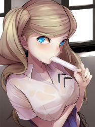 Rule 34 | 1girl, arm under breasts, blonde hair, blue eyes, breasts, collared shirt, dress shirt, eyelashes, food, highres, ice cream, large breasts, long hair, looking at viewer, nemu (nebusokugimi), persona, persona 5, plaid, plaid skirt, popsicle, purple sweater, shirt, skirt, sweat, sweater, swept bangs, takamaki anne, tied sweater, twintails, upper body, wet, wet clothes, wet shirt, white shirt, window