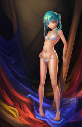 Rule 34 | 1girl, absurdres, aqua eyes, aqua hair, bad deviantart id, bad id, bra, flat chest, full body, groin, hand on own hip, hatsune miku, highres, hip focus, lingerie, navel, open mouth, panties, pigeon-toed, pinakes, solo, standing, twintails, underwear, underwear only, vocaloid