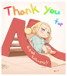 Rule 34 | 1girl, :&lt;, barefoot, blonde hair, blue eyes, border, buttons, child, commentary request, crayon, kozato (yu kozato), low twintails, original, oversized clothes, short sleeves, short twintails, slide, solo, twintails, white border