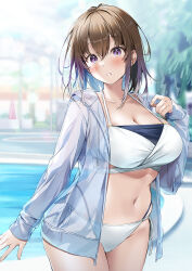 1girl bikini breasts brown_hair cleavage commentary_request cowboy_shot hawawa-chan_(shiro_kuma_shake) highres hood hooded_jacket jacket large_breasts long_sleeves looking_at_viewer medium_hair navel open_clothes open_jacket original poolside purple_eyes sirokuma_shake solo standing stomach swimsuit thighs variant_set water white_bikini white_jacket