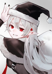 Rule 34 | 1girl, :d, absurdres, ao oni (onioni-aoi), arknights, arm up, black capelet, black hat, black nails, breasts, capelet, cross, cross earrings, earrings, fang, from behind, fur-trimmed capelet, fur trim, grey background, grin, hat, highres, jewelry, looking at viewer, looking back, nail polish, open mouth, parted lips, pointy ears, red eyes, sack, santa hat, simple background, small breasts, smile, solo, teeth, upper body, warfarin (arknights)