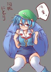 Rule 34 | 1girl, backpack, bag, bespectacled, blue eyes, blue hair, blush, boots, character name, glasses, hair ornament, hat, highres, kawashiro nitori, key, matching hair/eyes, no pants, school swimsuit, simple background, solo, spirytus tarou, swimsuit, swimsuit under clothes, thighhighs, touhou, translation request, two side up, white thighhighs