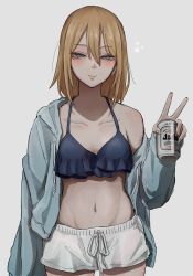 Rule 34 | 1girl, alcohol, beer, beer can, blonde hair, blue bra, blue eyes, blue hoodie, blush, bra, breasts, can, cleavage, collarbone, drawstring, drink can, frilled bra, frills, grey background, hair between eyes, half-closed eyes, highres, holding, holding can, hood, hoodie, looking at viewer, medium hair, mole, mole under eye, navel, original, self-harm, shorts, simple background, smile, solo, standing, tabao, underwear, v, white shorts