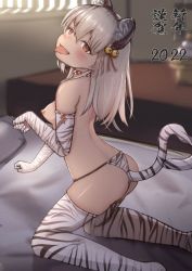 Rule 34 | 2022, akeome, animal ear hairband, animal ears, ass, bell, bikini, bikini bottom only, blurry, blurry background, breasts, chinese zodiac, depth of field, elbow gloves, fake animal ears, fake tail, fangs, from side, gloves, hair bell, hair ornament, hairband, happy new year, jingle bell, long hair, looking at viewer, looking to the side, nengajou, new year, nipples, on bed, original, paw pose, red eyes, small breasts, smile, solo, sukoyasu r, swimsuit, tail, thighhighs, tiger, tiger ears, tiger stripes, tiger tail, tongue, tongue out, white gloves, white hair, white thighhighs, white tiger, year of the tiger